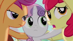 Size: 1280x720 | Tagged: apple bloom, cutie mark crusaders, derpibooru import, huddle, open mouth, safe, scootaloo, screencap, sweetie belle, talking, twilight time