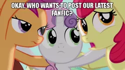 Size: 800x450 | Tagged: apple bloom, cutie mark crusaders, derpibooru import, edit, edited screencap, huddle, image macro, implied fanfiction, meme, open mouth, safe, scootaloo, screencap, sweetie belle, talking, twilight time