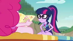 Size: 1280x720 | Tagged: safe, derpibooru import, screencap, pinkie pie, sci-twi, twilight sparkle, equestria girls, equestria girls series, friendship math, beach, beach chair, clothes, coach, magazine, schrödinger's pantsu, swimsuit