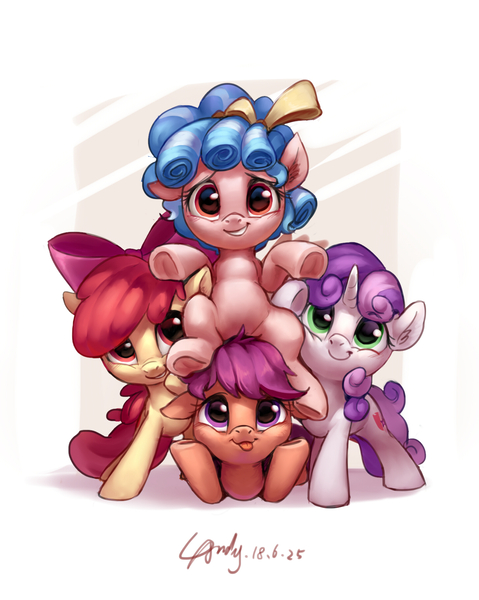 Size: 1450x1815 | Tagged: safe, artist:luciferamon, derpibooru import, apple bloom, cozy glow, scootaloo, sweetie belle, earth pony, pegasus, pony, unicorn, marks for effort, a better ending for cozy, adorabloom, cheek squish, cozybetes, cozylove, cute, cutealoo, cutie mark, cutie mark crusaders, diasweetes, female, filly, foal, frog (hoof), looking at you, misleading thumbnail, ponies riding ponies, quartet, smiling, squishy cheeks, the cmc's cutie marks, tongue out, underhoof