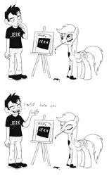 Size: 870x1400 | Tagged: safe, artist:sigmatura, derpibooru import, derpy hooves, human, pony, comic, crossover, dan, dan vs, drawing, easel, monochrome, paintbrush