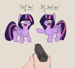 Size: 2480x2275 | Tagged: safe, artist:duop-qoub, derpibooru import, twilight sparkle, twilight sparkle (alicorn), alicorn, human, pony, descended twilight, chest fluff, duo, female, gun, handgun, looking at you, mare, offscreen character, open mouth, pistol, pointing, raised hoof, self ponidox, simple background, text, transparent background