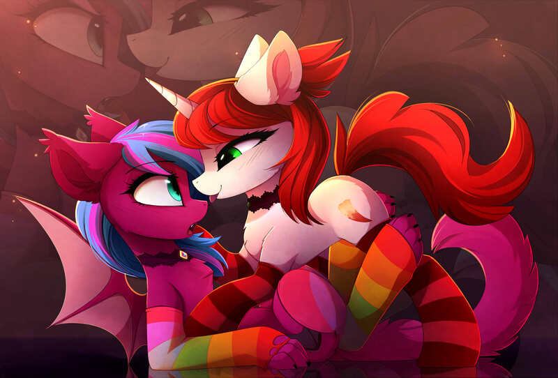 Size: 3534x2396 | Tagged: suggestive, artist:magnaluna, derpibooru import, oc, oc:spanking shade, unofficial characters only, bat pony, pony, unicorn, bat pony oc, clothes, commission, digital art, eye contact, female, lesbian, looking at each other, mare, paws, rainbow socks, socks, striped socks, ych result, zoom layer