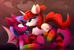 Size: 3534x2396 | Tagged: suggestive, artist:magnaluna, derpibooru import, oc, oc:spanking shade, unofficial characters only, bat pony, pony, unicorn, bat pony oc, clothes, commission, digital art, eye contact, female, lesbian, looking at each other, mare, paws, rainbow socks, socks, striped socks, ych result, zoom layer