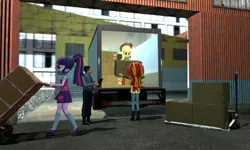 Size: 5120x3072 | Tagged: safe, artist:n3onh100, derpibooru import, applejack, sci-twi, sunset shimmer, twilight sparkle, equestria girls, 3d, barney calhoun, box, gmod, half-life, job, security guard, truck, warehouse