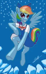 Size: 945x1522 | Tagged: safe, artist:sigmatura, derpibooru import, rainbow dash, pegasus, pony, semi-anthro, bow, cirno, clothes, crossover, dress, female, flying, grin, hair bow, mare, rainbow dash always dresses in style, smiling, solo, touhou