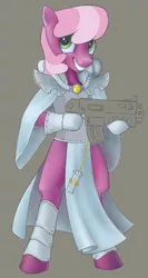 Size: 683x1280 | Tagged: safe, artist:sigmatura, derpibooru import, cheerilee, earth pony, semi-anthro, adepta sororitas, armor, bolter, crossover, female, grin, power armor, simple background, smiling, solo, warhammer 40k, warhammer (game), weapon