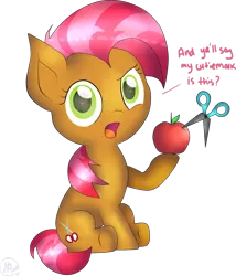 Size: 1024x1194 | Tagged: safe, artist:pinkiepie6680, derpibooru import, babs seed, earth pony, pony, apple, female, filly, food, scissors, simple background, solo, transparent background