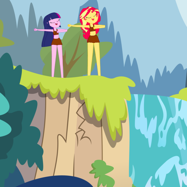 Size: 12000x12000 | Tagged: safe, artist:optimusv42, derpibooru import, sunset shimmer, twilight sparkle, equestria girls, absurd resolution, cavegirl, caveman, cavewoman, chest pounding, jungle, jungle girl, loincloth, tarzan, waterfall