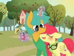 Size: 537x409 | Tagged: safe, artist:superrosey16, derpibooru import, apple bloom, snails, pony, alternate cutie mark, apple, apple tree, base used, clothes, clubhouse, crusaders clubhouse, food, glasses, goggles, magic, older, shipping, snailbloom, sweater, tree
