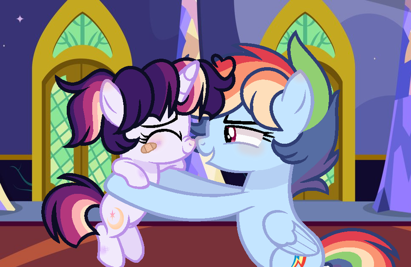 Size: 967x628 | Tagged: safe, artist:moon-rose-rosie, derpibooru import, rainbow dash, oc, oc:celestial moon, pony, unicorn, boop, female, filly, holding a pony, magical lesbian spawn, mother and daughter, noseboop, offspring, parent:rainbow dash, parent:twilight sparkle, parents:twidash