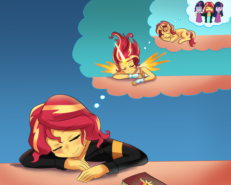 Size: 800x640 | Tagged: safe, artist:tzc, derpibooru import, sci-twi, sunset shimmer, twilight sparkle, twilight sparkle (alicorn), human, pony, equestria girls, best friends, clothes, cute, daydream shimmer, dream, dress, drool, eyes closed, female, friendshipping, inception, jacket, journal, leather jacket, pun, simpsons did it, sleeping, sunset twiangle, the simpsons, twiabetes, twolight, visual pun, we need to go deeper