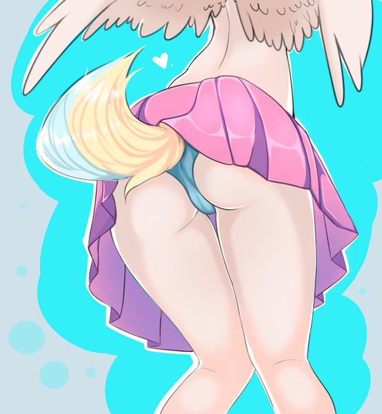 Size: 1448x1569 | Tagged: abstract background, anthro, artist:kirani, ass, blue underwear, butt only, cameltoe, clothes, derpibooru import, female, heart, legs, oc, oc:teacup cake, pegasus, pleated skirt, questionable, skirt, skirt lift, solo, solo female, source needed, tail lift, tail upskirt, underwear, unofficial characters only, upskirt