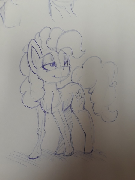 Size: 1932x2576 | Tagged: safe, artist:post-it, derpibooru import, pinkie pie, earth pony, pony, lidded eyes, sketch, smiling, solo, traditional art