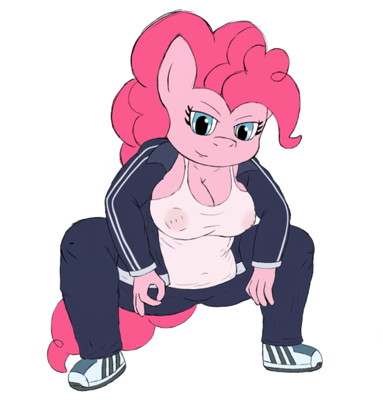 Size: 1272x1371 | Tagged: anthro, areola, artist:insecureflaky, big breasts, breasts, busty pinkie pie, clothes, derpibooru import, erect nipples, female, looking at you, nipple outline, nipples, nudity, pinkie pie, questionable, see-through, see-through shirt, simple background, solo, squatting, tracksuit, transparent background