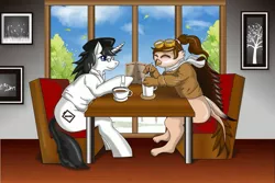 Size: 2657x1771 | Tagged: safe, artist:schwarz, derpibooru import, oc, oc:schwarz, oc:zahnrad, gryphon, coffee shop, commission, zarz