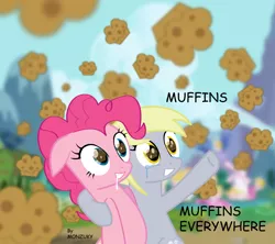 Size: 6928x6157 | Tagged: safe, artist:monzuky, derpibooru import, derpy hooves, pinkie pie, pony, absurd resolution, crying, drool, duo, female, food, happy, mare, meme, muffin, x x everywhere