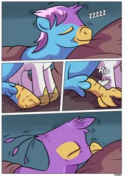 Size: 2893x4092 | Tagged: safe, artist:rex-equinox, derpibooru import, princess celestia, oc, oc:gyro feather, oc:gyro tech, gryphon, pony, comic, griffonized, onomatopoeia, plushie, sleeping, sound effects, species swap, transformation, zzz