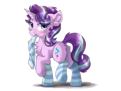 Size: 1707x1280 | Tagged: safe, artist:kaliner123, derpibooru import, starlight glimmer, pony, unicorn, blushing, chest fluff, clothes, ear fluff, female, mare, messy mane, mouth hold, raised hoof, simple background, sock, socks, solo, striped socks, transparent background, underhoof