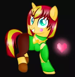 Size: 1696x1744 | Tagged: safe, artist:artzy-jamie7302, derpibooru import, sunset shimmer, pony, unicorn, alternate hairstyle, black background, chara, charaset, clothes, crossover, female, heart, mare, simple background, solo, undertale