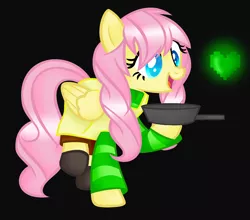 Size: 1836x1616 | Tagged: safe, artist:artzy-jamie7302, derpibooru import, fluttershy, pegasus, pony, alternate hairstyle, black background, clothes, crossover, female, heart, mare, pan, simple background, solo, undertale