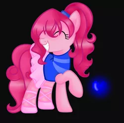 Size: 1944x1928 | Tagged: safe, artist:artzy-jamie7302, derpibooru import, pinkie pie, pony, alternate hairstyle, ballet slippers, black background, clothes, crossover, cute, eyes closed, female, heart, mare, ponytail, shoes, simple background, skirt, smiling, solo, tutu, undertale