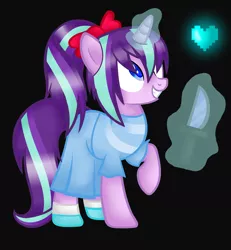 Size: 1900x2056 | Tagged: safe, artist:artzy-jamie7302, derpibooru import, starlight glimmer, pony, alternate hairstyle, black background, bow, clothes, crossover, female, heart, knife, magic, mare, simple background, solo, telekinesis, undertale