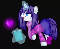 Size: 1804x1476 | Tagged: safe, artist:artzy-jamie7302, derpibooru import, rarity, pony, unicorn, alternate hairstyle, clothes, crossover, female, glasses, heart, magic, mare, notebook, solo, undertale