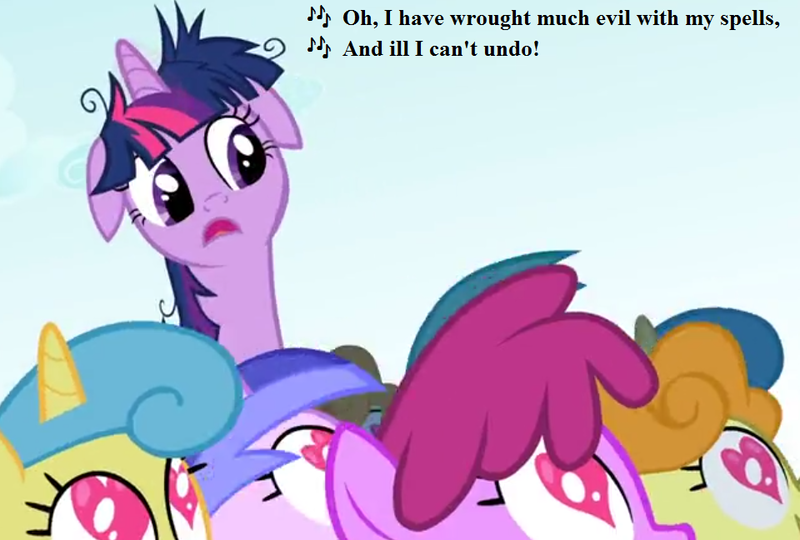 Size: 960x648 | Tagged: safe, derpibooru import, edit, edited screencap, screencap, berry punch, berryshine, carrot top, daisy, flower wishes, golden harvest, lemon hearts, seafoam, sea swirl, twilight sparkle, lesson zero, cropped, floppy ears, frazzled, gilbert and sullivan, heart eyes, lyrics, messy mane, song reference, text, the sorcerer (opera), twilight snapple, want it need it, wingding eyes