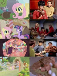 Size: 2130x2827 | Tagged: safe, derpibooru import, edit, edited screencap, screencap, fluttershy, spike, twilight sparkle, human, parasprite, pegasus, pony, unicorn, season 1, swarm of the century, book, comparison, cropped, cute, enterprise, female, fluttershy's cottage, golden oaks library, infestation, james t kirk, library, mare, montgomery scott, pavel chekov, reference, shout out, shyabetes, side by side, space station, space station k7, spock, star trek, star trek (tos), sugarcube corner, the trouble with tribbles, tree, tribble, twiabetes, twilight's castle, twilight's castle library, uhura, unicorn twilight