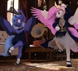 Size: 2000x1818 | Tagged: safe, artist:tahublade7, derpibooru import, princess celestia, princess luna, anthro, 3d, cewestia, clothes, colored wings, colored wingtips, dancing, dancing queen, daz studio, dress, female, gramophone, image, panties, pink-mane celestia, png, royal sisters, skirt, underwear, upskirt, white underwear, woona, younger