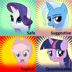 Size: 500x500 | Tagged: safe, derpibooru import, edit, applejack, rarity, trixie, twilight sparkle, earth pony, pony, unicorn, derpibooru, bedroom eyes, blushing, bust, color change, female, four of a kind, frown, grin, looking up, mare, meta, meta:explicit, meta:questionable, meta:safe, meta:suggestive, open mouth, portrait, shocked, smiling, solo, spoilered image joke, surprised, traffic signal, wide eyes