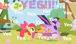 Size: 340x197 | Tagged: safe, derpibooru import, edit, edited screencap, screencap, apple bloom, scootaloo, sweetie belle, twilight sparkle, earth pony, pegasus, pony, unicorn, the cutie mark chronicles, animated, cute, cutie mark crusaders, female, filly, gif, happy, jumping, mare, mushroom, open mouth, twiabetes, unicorn twilight, yes yes yes