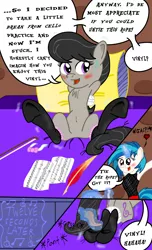 Size: 2121x3491 | Tagged: suggestive, artist:darkknighthoof, artist:darktailsko, color edit, derpibooru import, edit, octavia melody, vinyl scratch, earth pony, pony, unicorn, arm behind back, bed, bedroom, belly button, blushing, bondage, bow, bowtie, chest fluff, clothes, colored, comic, commission, erotic tickling, feather, featureless crotch, female, femdom, femsub, fetish, fishnet clothing, fishnets, glowing horn, heart, hoof fetish, hoof tickling, lesbian, magic, mare, open mouth, paper, pillow, presenting, quill, rope, rope bondage, scratchtavia, shipping, socks, stockings, submissive, sweat, sweatdrop, tavisub, telekinesis, thigh highs, tickle fetish, tickle torture, tickling, underhoof, vinyl and octavia's home, vinyldom, wall of tags