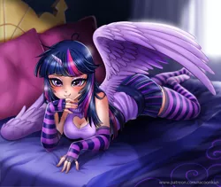 Size: 1000x842 | Tagged: adorasexy, alicorn, alicorn humanization, artist:racoonsan, bed, bedroom eyes, blushing, boob window, breasts, cleavage, clothes, cute, derpibooru import, evening gloves, eyeshadow, female, fingerless elbow gloves, fingerless gloves, gloves, horned humanization, human, humanized, long gloves, looking at you, makeup, part of a set, pleated skirt, sexy, skirt, smiling, socks, solo, solo female, stockings, striped gloves, striped socks, suggestive, thigh highs, twiabetes, twilight sparkle, twilight sparkle (alicorn), winged humanization, wings, zettai ryouiki