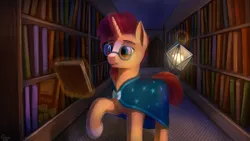 Size: 1920x1080 | Tagged: safe, artist:quvr, derpibooru import, sunburst, pony, unicorn, book, bookshelf, glasses, lantern, library, male, scroll, solo