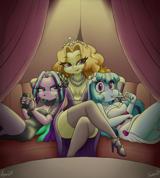 Size: 1300x1450 | Tagged: suggestive, artist:queentigrel, derpibooru import, adagio dazzle, aria blaze, sonata dusk, equestria girls, breasts, cleavage, clothes, crossed legs, dress, evening gloves, garter belt, gloves, high heels, jewelry, lidded eyes, lipstick, long gloves, mobile phone, necklace, pearl necklace, phone, sandals, seductive, seductive look, seductive pose, sexy, shoes, small breasts, smartphone, socks, stockings, texting, the dazzlings, thigh highs, tiara