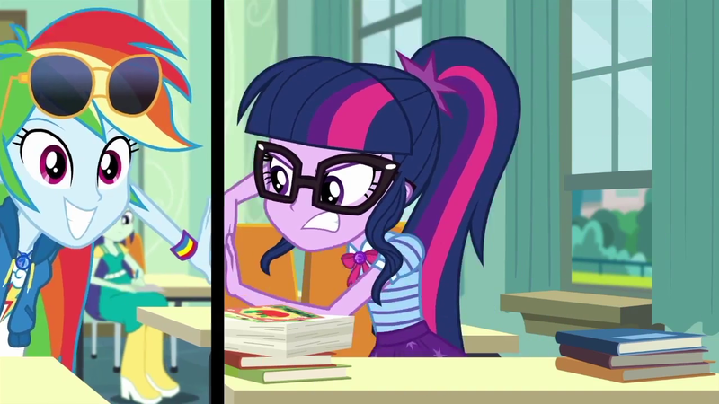Size: 1280x720 | Tagged: safe, derpibooru import, screencap, blueberry cake, rainbow dash, sci-twi, twilight sparkle, equestria girls, equestria girls series, the last day of school, breaking the fourth wall, fourth wall, geode of super speed, geode of telekinesis, magical geodes