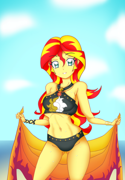 Size: 2645x3798 | Tagged: safe, anonymous artist, artist:grandzebulon, derpibooru import, edit, sunset shimmer, equestria girls, equestria girls series, forgotten friendship, beach, belly button, bikini, clothes, curvy, female, geode of empathy, hourglass figure, looking at you, ocean, sand, solo, swimsuit, undressing