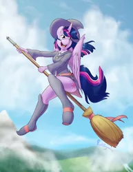 Size: 1400x1811 | Tagged: alicorn, anime, anthro, artist:punk-pegasus, belt, boots, broom, clothes, crossover, cute, derpibooru import, dress, female, flying, flying broomstick, hat, little witch academia, miniskirt, open mouth, plantigrade anthro, safe, shoes, side slit, skirt, skirt lift, smiling, solo, thighs, twiabetes, twilight sparkle, twilight sparkle (alicorn), witch, witch hat