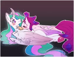 Size: 1350x1050 | Tagged: safe, artist:pastel-pony-pictures, deleted from derpibooru, derpibooru import, princess celestia, queen novo, alicorn, classical hippogriff, hippogriff, pony, my little pony: the movie, blushing, chest fluff, curved horn, eyes closed, female, lesbian, mare, novolestia, quadrupedal, shipping, simple background