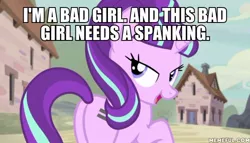 Size: 600x343 | Tagged: suggestive, derpibooru import, edit, edited screencap, screencap, starlight glimmer, pony, unicorn, the cutie map, caption, equal cutie mark, female, image macro, implied spanking, meme, plot, s5 starlight, solo, spanking