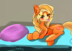 Size: 2246x1615 | Tagged: safe, artist:hippik, derpibooru import, oc, oc:mistie pone, earth pony, pony, :p, bed, cute, cutie mark, looking at you, lying down, mlem, silly, solo, tongue out