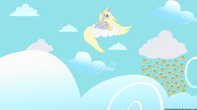 Size: 1920x1080 | Tagged: safe, artist:nicolasdominique, derpibooru import, derpy hooves, alicorn, pony, cloud, crown, female, food, jewelry, mare, muffin, muffin rain, princess derpy, regalia, sky, solo, wallpaper