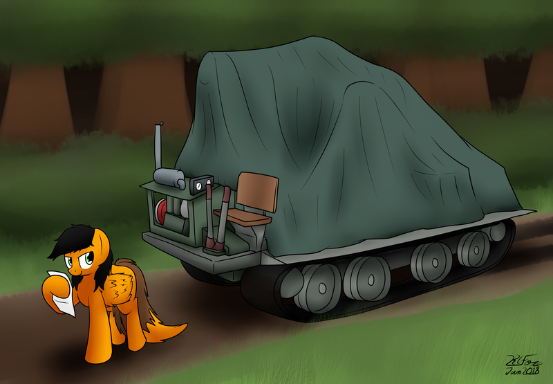 Size: 3412x2369 | Tagged: safe, artist:the-furry-railfan, derpibooru import, oc, oc:twintails, unofficial characters only, pegasus, pony, artillery, dirt road, engine, forest, grin, letter, looking back, smiling, story included, tarp, this will end in balloons, this will end in explosions