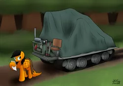 Size: 3412x2369 | Tagged: safe, artist:the-furry-railfan, derpibooru import, oc, oc:twintails, unofficial characters only, pegasus, pony, artillery, dirt road, engine, forest, grin, letter, looking back, smiling, story included, tarp, this will end in balloons, this will end in explosions