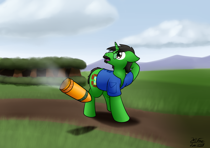 Size: 2489x1757 | Tagged: safe, artist:the-furry-railfan, derpibooru import, oc, unofficial characters only, unicorn, artillery, clothes, cloud, cloudy, confused, dirt road, facial hair, forest, glasses, grass field, mountain, mountain range, moustache, this will end in balloons, this will end in explosions, vest