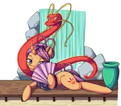 Size: 2202x1940 | Tagged: safe, artist:francusfri, derpibooru import, sable spirit, dragon, pony, unicorn, campfire tales, bedroom eyes, bow, chinese dragon, clothes, curved horn, cutie mark, fan, fanning, female, looking at you, magic dragon, mare, robe, sexy, side, smiling, solo, stupid sexy sable spirit, vase, waterfall