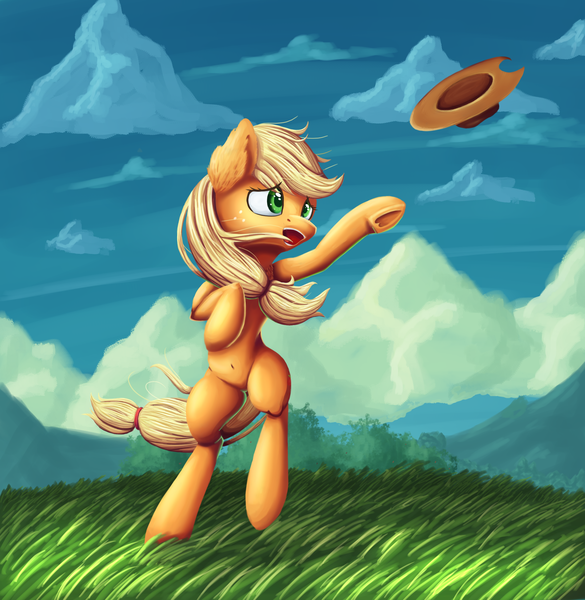 Size: 2327x2388 | Tagged: safe, artist:francusfri, derpibooru import, applejack, earth pony, pony, belly button, bipedal, cloud, ear fluff, female, grass field, hat, solo