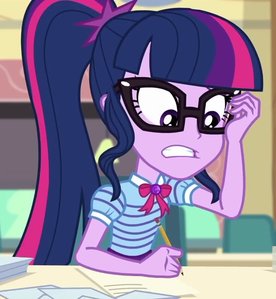 Size: 665x719 | Tagged: safe, derpibooru import, screencap, sci-twi, twilight sparkle, equestria girls, equestria girls series, the last day of school, cropped, female, geode of telekinesis, glasses, nervous, pencil, solo